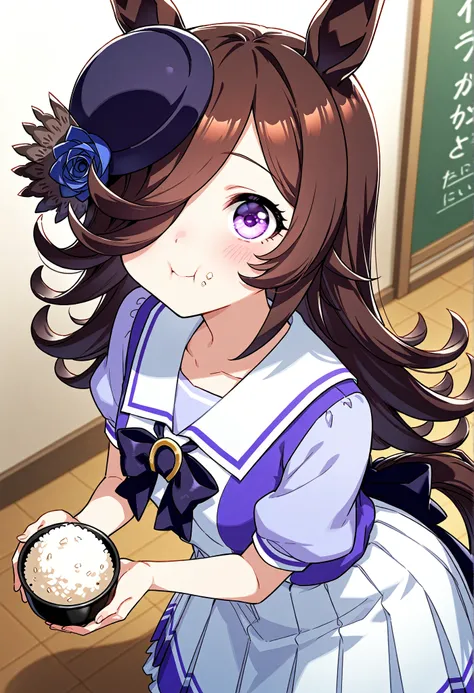 deTailed eyes,     girl,     rice shower  (Uma Musume),     horse ears,   animal ears,     Her hair is down until she covers her eyes, horse Tail,   horse    girl , Tail, length、Having a meal、The place where I'm eating、Looks delicious!、Cheeks