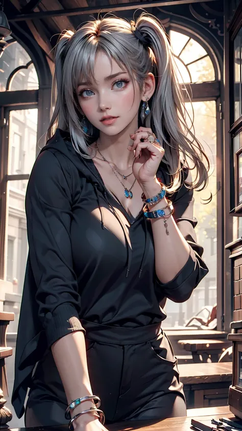 , Colossal,  twin tails,  Silver Hair,  hoodie,  vintage gothic,  pose ,  cute,  face up from the front ,  high quality,  necklace, ring,  bracelet,  earrings