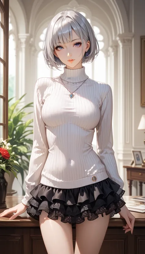 best quality, absurdres, わきDownを見せない, Down,  no background,  becomes transparent when you stare at it {x}, PE, front view, cowboy shot,  perfect beautiful face, Beautiful breasts,  thin legs, slim, beauty mark, silver short bob hair, white ribbed sweater, ...