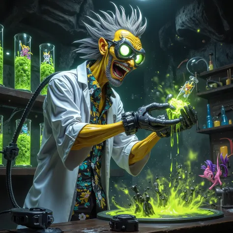 a short yellow mad scientist (spiked gray hair, goggle, insane laugh, white lab coat, rubber gloves, hawaiian print shirt, white lab coat, cartoonish ugly yellow man with big eyes, gadgets and gizmos), he is in his rough hewn cavern laboratory mixing glowi...