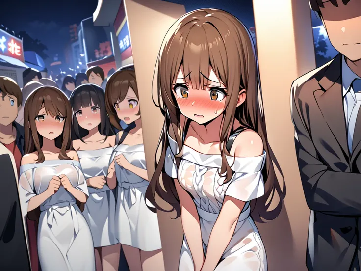  high definition 、Brown Hair、 long hair、 Brown Eyes 、Medium breast、 off-shoulder 、knit、 weaty、night、Summer Festival、 crowds,waiting in the bathroom line,  drawing attentions, ((desperate to pee)), full body, hands between legs, embarrassed