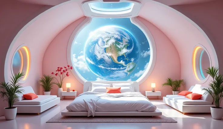 The image shows the interior of a futuristic bedroom with a large window that offers a view of the Earth. The room has a high ceiling with a skylight that allows natural light to enter the space. The walls are painted in a light pink color and there are tw...