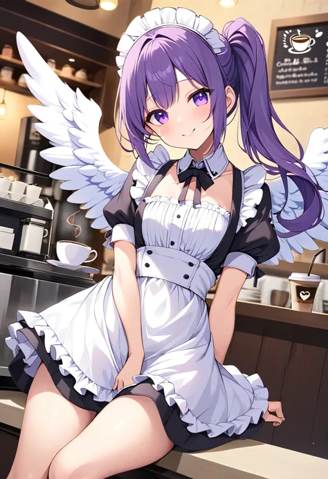    one girl、Purple Hair、Purple Eyes、 Tiny Breasts 、 Side ponytail、Angel Wings 、 With a Bright Smile 、  maid clothes、 coffee shop、 coffee、to have a bright smile 、like々New Appearance、 short、 Seductive Thighs 