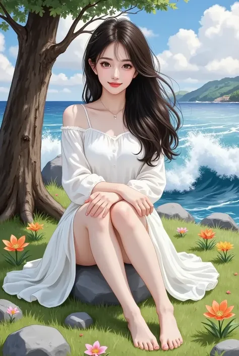 intense ink painting、 beautiful 1 woman、 perfect style with both legs、Long, flowing black hair、 pretty brown eyes、 pink lips、A gentle face、 very beautiful、 look at me and smile、flowing white long dress 、Barefoot、beautiful mountain waves 、 Rock Field、big tr...