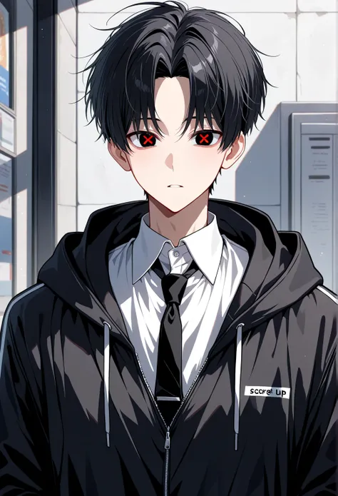 (solo), (handsome), (1 male, short hair), (20 years old), (black hair and center parted bangs and with a small white streak), (black eyes), (white shirt and black tie), (black hoodie jacket), (best), (high), (score 9), (x shaped pupils), (red_pupils).