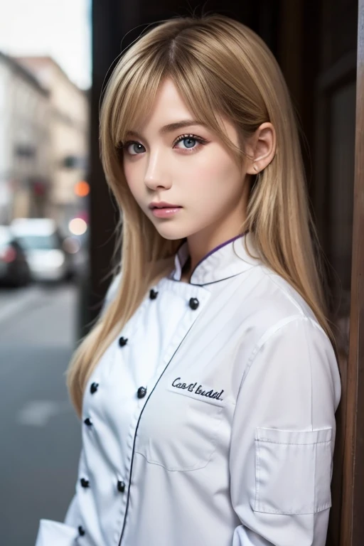  high definition, Masterpiece,  ,  blondes, Alone,  One Girl ,  cute,   detailed eyes ,  long hair,  purple eyes, Chef Outfit,  white jacket, White Bread