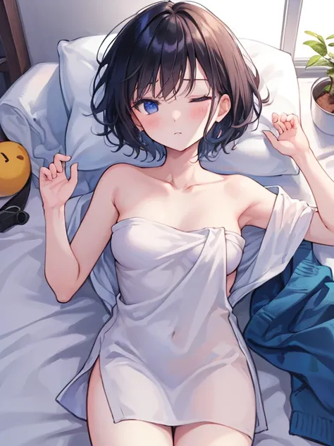 (  Top Quality Masterpieces :1.5),  very detailed,  Hi-Res, 8k,  Beautiful Details , 超 Hi-Res,  material、 thick paint 、(Girl sleeping with a hangover)、(Pale face)、Pain々Funny face、A tired face,  black hair、 short hair、１people々  girl、 on the bed、(Naked towel...