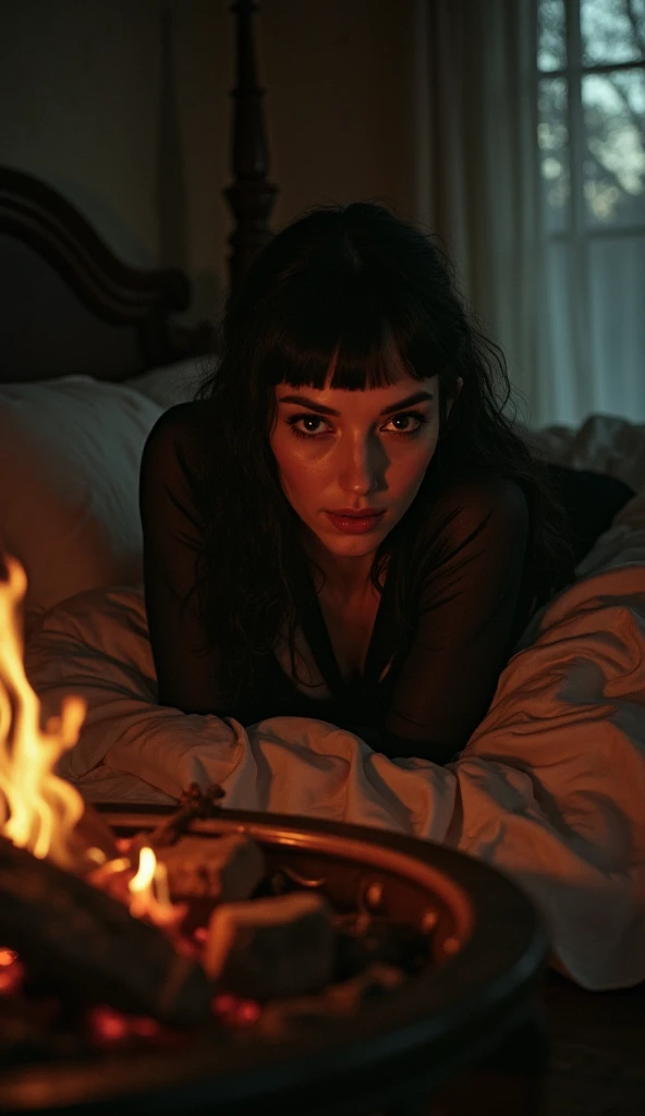 A dimly lit, vintage-style bedroom bathed in the warm glow of a crackling fireplace. The flames cast flickering shadows across the room, illuminating a pale-skinned woman with jet black hair and sharp bangs as she lies on the bed, surrounded by rich satin ...