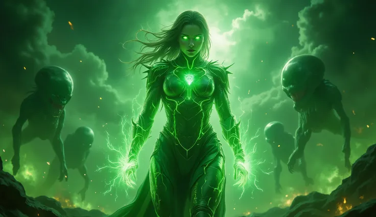 A dramatic surge of energy emanates from the hybrid protagonist as she reaches the peak of her hybrid abilities. Her entire body begins to shine with an intense green light, and the bioluminescent patterns on her semi-scaled skin pulse rapidly. Her glowing...