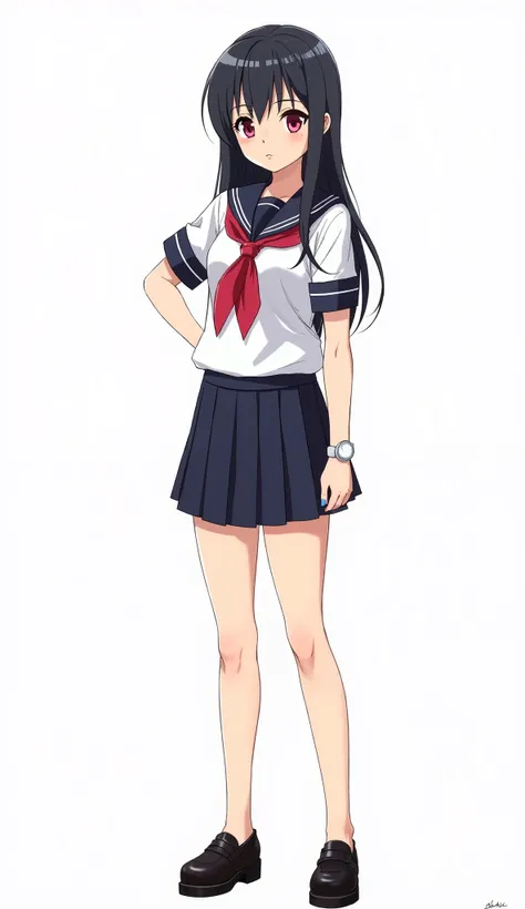  Japanese anime age woman with long straight black hair and intense magenta eyes and light blue nails and white watch and wearing a Japanese sailor-style school uniform (Seifuku). She wears a white blouse with a navy blue collar and a red tie , a short bla...