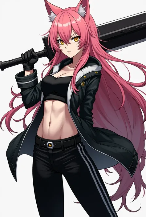  a werewolf girl anime,  Clear skin,  pink hair,  golden eyes,  black and white clothes , black and white pants, Serious and furious expression ,  wielding a heavy sword.
