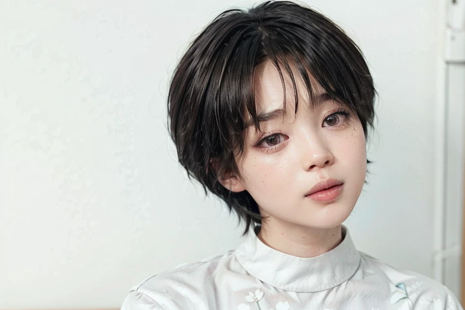 a close up of a woman wearing a white shirt and a flowery shirt,  white haircut hime , Sui Ishida com cabelo preto, black hair hime cut, shiori teshirogi,  with short hair ,  with short hair  with bangs, natsumi mukai artwrok, chiho ashima, hair arranged w...