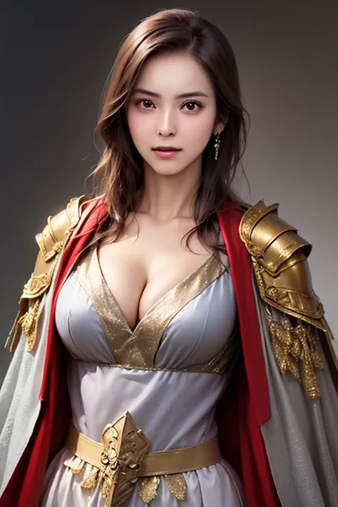 ((female warrior upper body)),((Wears silver and gold steel armor and cloak:1.5)),1 person,  black hair,  (((Real Face))),  Belly Shortcut,((Big breasts and cleavage)),  high definition face and skin texture   ,   staring at the camera ,    Chinese Warrior...