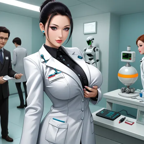 female robot in doctor coat, covered breasts, Secret Laboratory, giga_busty