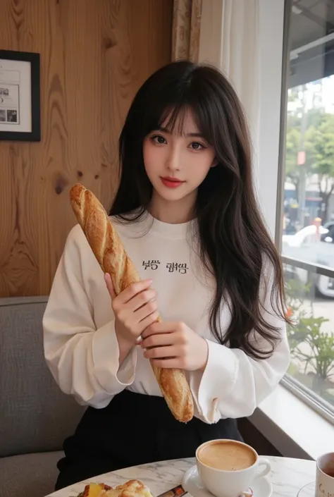 Araffe  holding a baguette e uma revista em uma varanda, holding a baguette, ulzzang, Anime girl in real life, Korean girl, Asian girl with long hair,  Junji Ito style , with bangs, with long hair, beautiful Delphine, Chiho , Ela tem cabelo preto with bang...