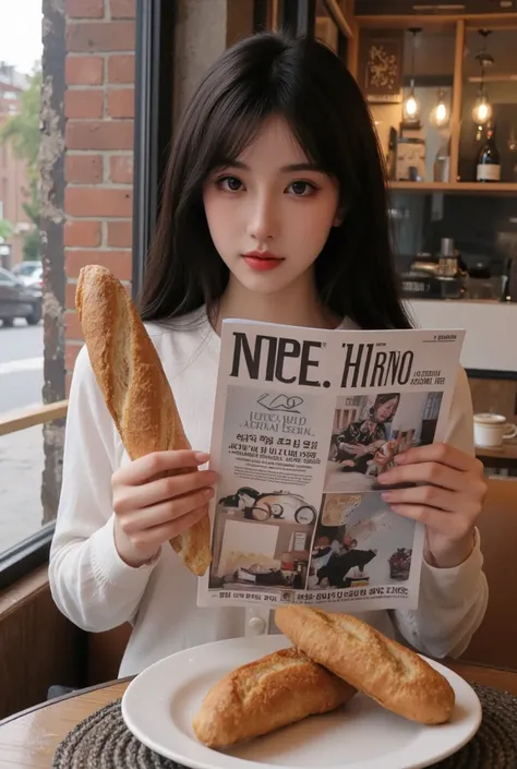 Araffe  holding a baguette e uma revista em uma varanda, holding a baguette, ulzzang, Anime girl in real life, Korean girl, Asian girl with long hair,  Junji Ito style , with bangs, with long hair, beautiful Delphine, Chiho , Ela tem cabelo preto with bang...