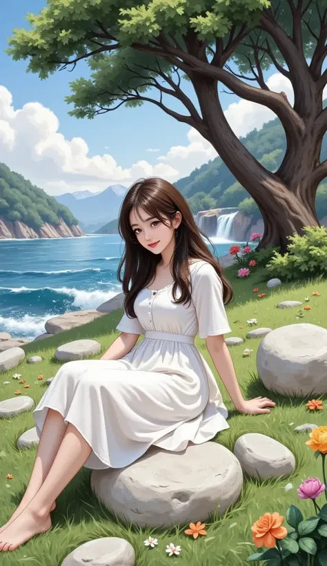 intense ink painting、 beautiful 1 woman、 perfect style with both legs、Long, flowing black hair、 pretty brown eyes、 pink lips、A gentle face、 very beautiful、 look at me and smile、flowing white long dress 、Barefoot、beautiful mountain waves 、 Rock Field、big tr...