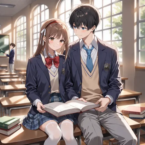 masterpiece, best quality, highres, 2 persons, 1girl and 1boy, couple, Sitting on desk, an opened book, indoor, classroom, BREAK ((1boy, black hair, straight hair, short hair, wearing white collared shirt, wearing dark blue blazer, sweater vest, blue neckt...