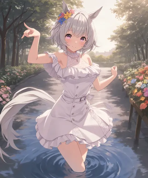 very awa, masterpiece, best quality, newest,  highres, absurdres、 There is only one 、heal chan、Uma Musume　heal chan、Cat girl、The tail of a cat's ear、 gray hair、 medium short hair、cream colored costume、Outdoors、A park with colorful flowers、 Sunny、 light shi...