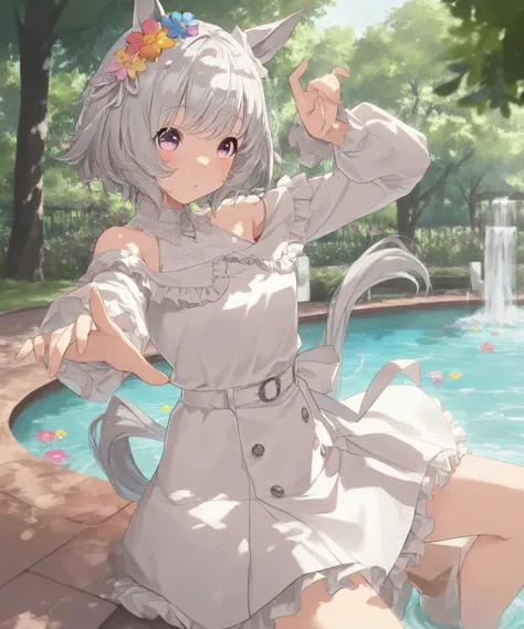 very awa, masterpiece, best quality, newest,  highres, absurdres、 There is only one 、heal chan、Uma Musume　heal chan、Cat girl、grey cat ears and tail 、 gray hair、 medium short hair、cream colored costume、Outdoors、A park with colorful flowers、 Sunny、 light shi...