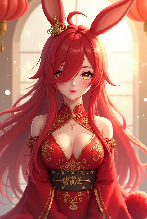 ( top quality,  thong,  official art , beautiful and aesthetic :1.2) female anime, rabbit woman, cute girl, long red hair,  hair over the right eye,  golden eyes,  rabbit ears , red pompous tail ,  red and gold Chinese clothes,  smiling.
