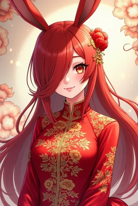 ( top quality,  thong,  official art , beautiful and aesthetic :1.2) female anime, rabbit woman, cute girl, long red hair,  hair over the right eye,  golden eyes,  rabbit ears , red pompous tail ,  red and gold Chinese clothes,  smiling.
