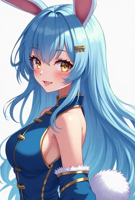 ( top quality,  thong,  official art  , beautiful and aesthetic :1.2) female anime, rabbit woman, cute girl,  long blue hair ,  hair over the right eye,  golden eyes,  rabbit ears , pompous blue tail ,  blue and gold Chinese clothes,  smiling.
