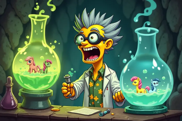 a short yellow mad scientist (spiked gray hair, goggle, insane laugh, white lab coat, rubber gloves, hawaiian print shirt, white lab coat, cartoonish ugly yellow man with big eyes, gadgets and gizmos), he is in his rough hewn cavern laboratory mixing glowi...