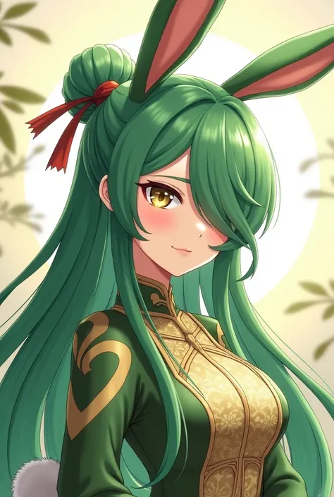 ( top quality,  thong,  official art  , beautiful and aesthetic :1.2) female anime, rabbit woman, cute girl, long green hair,  hair over the right eye,  golden eyes,  rabbit ears , pompous green tail ,  green and gold Chinese clothes,  smiling.
