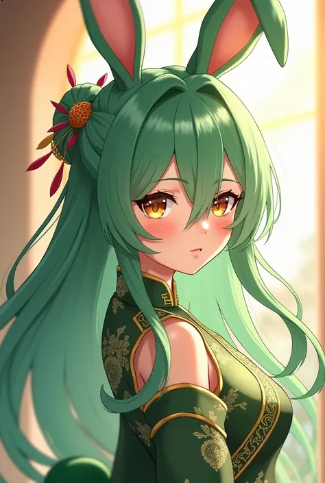 ( top quality,  thong,  official art  , beautiful and aesthetic :1.2) female anime, rabbit woman, cute girl, long green hair,  hair over the right eye,  golden eyes,  rabbit ears , pompous green tail ,  green and gold Chinese clothes,  smiling.
