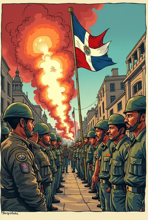 Make 3 cartoons reflecting the characteristics of the April Revolution of 1965 and the subsequent North American intervention in the Dominican Republic 