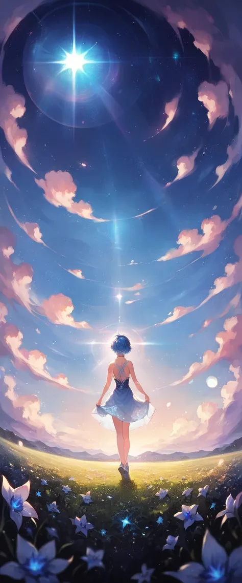  Anime Girl,   night ,  blue light behind her , ((galaxy,  lens flare)),  short hair,  Flower Field ,   night  sky,  cinematic shot .  wallpaper. (blue schema ),  detailed biography, A city in the distance