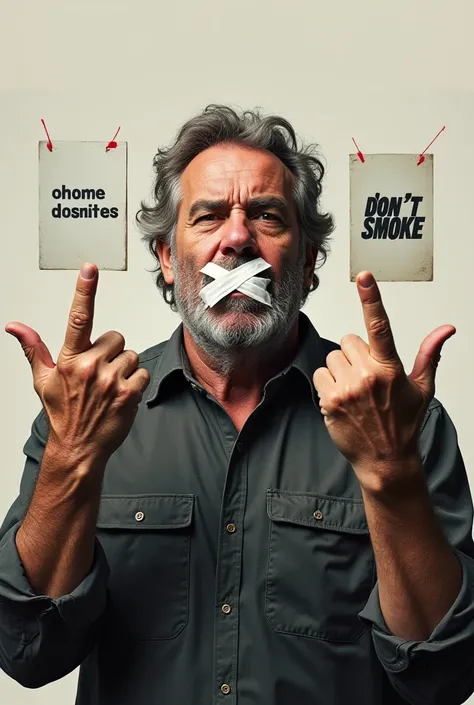  make an image with a man sending middle fingers and with paper in his mouth making an X , Then create posters where they say  " OHOMEDOSNITES " and also  "DON'T SMOKE"