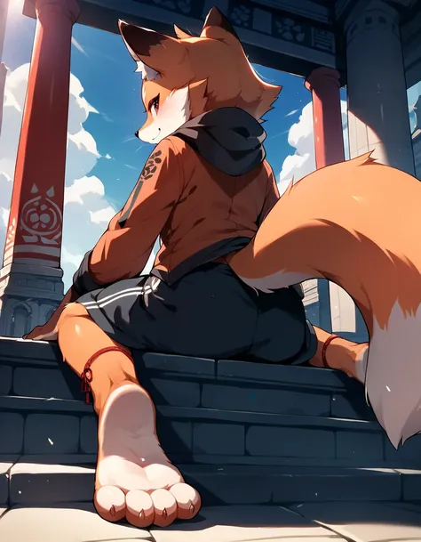 score_9, score_8_up, score_7_up, score_6_up, source_anime, rating_safe, furry female, solo, dagasi_style,, furry, temple, fox girl, sitting, low view, from behind, soles at spectator, showing soles, grinning, paws, 3 toes, barefoot, paws