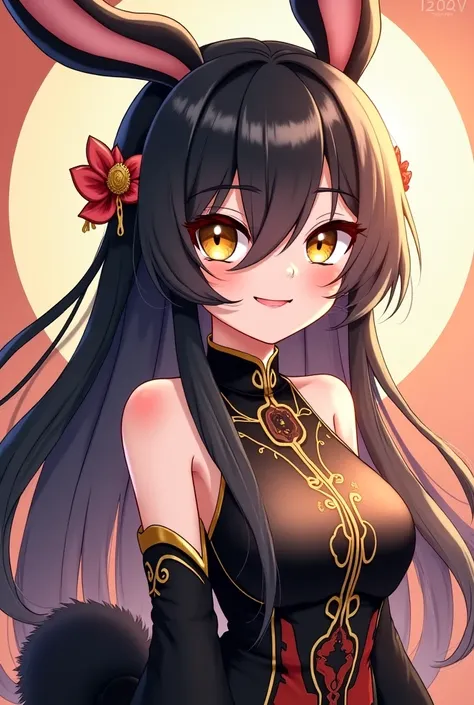 ( top quality,  thong,  official art  , beautiful and aesthetic :1.2) female anime, rabbit woman, cute girl,  long black hair,  hair over the right eye,  golden eyes,  rabbit ears , pompous tail black ,  black and gold Chinese clothes,  smiling.
