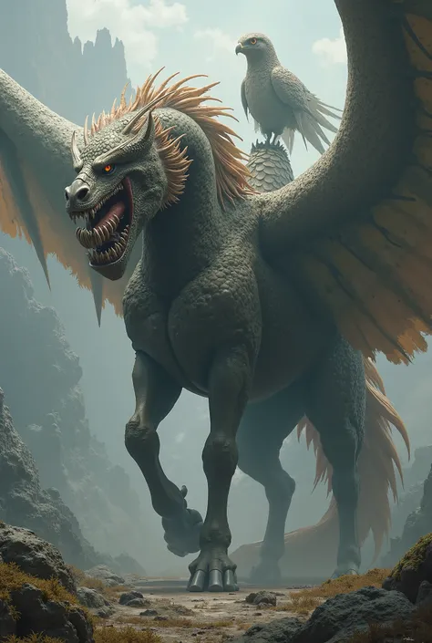 A huge horse with a dragon tail, a falcon's tail, and sharp and large front fangs 