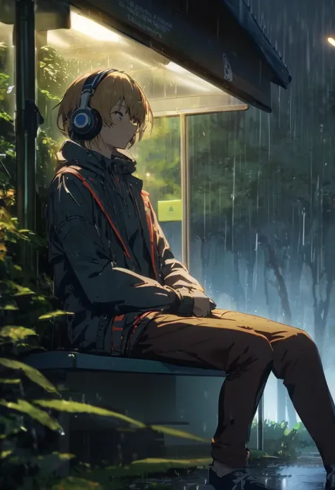 A guy sitting at a bus stop, near a forest, wearing headphones, and raining, kimi no nawa style, detailed lighting, UHD, edge lighting, Masterpiece, highest quality, anime