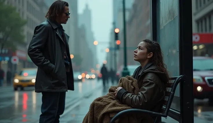 A rainy afternoon in a bustling city. Johnny Depp, dressed in a dark jacket and sunglasses, stands under a gray, overcast sky, with raindrops falling around him. In the foreground, a young homeless girl, Emily, sits huddled under a bus stop bench, her clot...