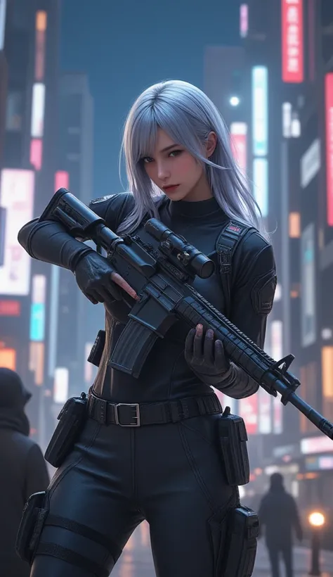 BPRE art of female  operator  with silver hair, operator ,  tactical carbine  ,  tactical chest   ,  tool belt ,  Big city at night