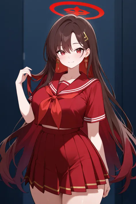 1 girl, Hair length reaches the back, Brown hair and red hair on the edges of the hair, red eyes, but not bright, curvy body, wear a sexy school uniform, หน้าอกไซส์ปานกลาง, have a gold earring, have a red halo