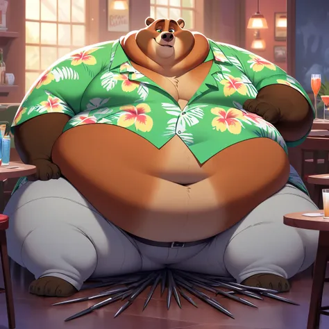 Zootopia, Brown Bear, seriously obese, weight 600kg, eating a lot of stakes, too heavy to walk, wearing light green aloha shirt, wearing light gray pants, sitting on a chair, restaurant, belly droop to the ground due to obese, extremely big belly, extremel...