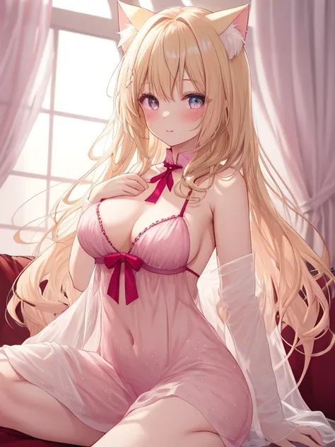  Hi-Res, accurate,  pink mesh, blonde, 1 girl, Cat ears, cute,chest,  negligee 