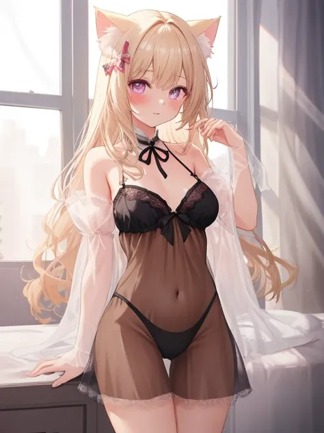  Hi-Res, accurate,  pink mesh, blonde, 1 girl, Cat ears, cute,chest,  negligee 