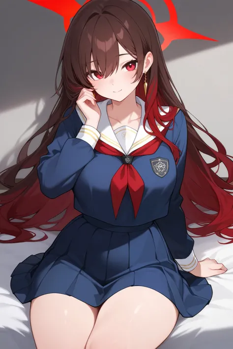 1 girl, Hair length reaches the back, Brown hair and red hair on the edges of the hair, red eyes, but not bright, curvy body, wear a sexy school uniform, หน้าอกไซส์ปานกลาง, have a gold earring, have a red halo