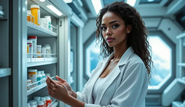 African girl, long curly hair, big breasts, dressed in a very sensual aircraft doctor's outfit, white coat with a tight white t-shirt underneath the coat, 
front view, half body, inside the immense medical area of ​​the interplanetary ship Qualmoon, 
check...