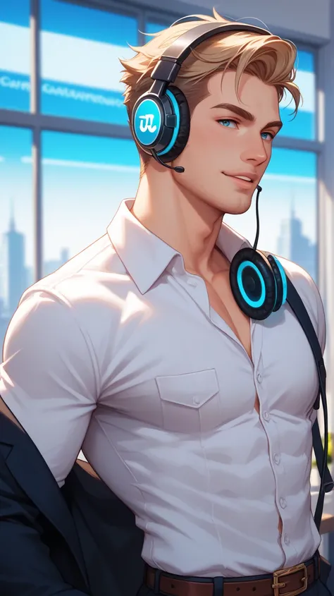 A stylish and sophisticated music producer named Trill, with a sleek and modern appearance. He wears stylish headphones around his neck and has a confident, charismatic expression. The background features a professional music studio with glowing control pa...