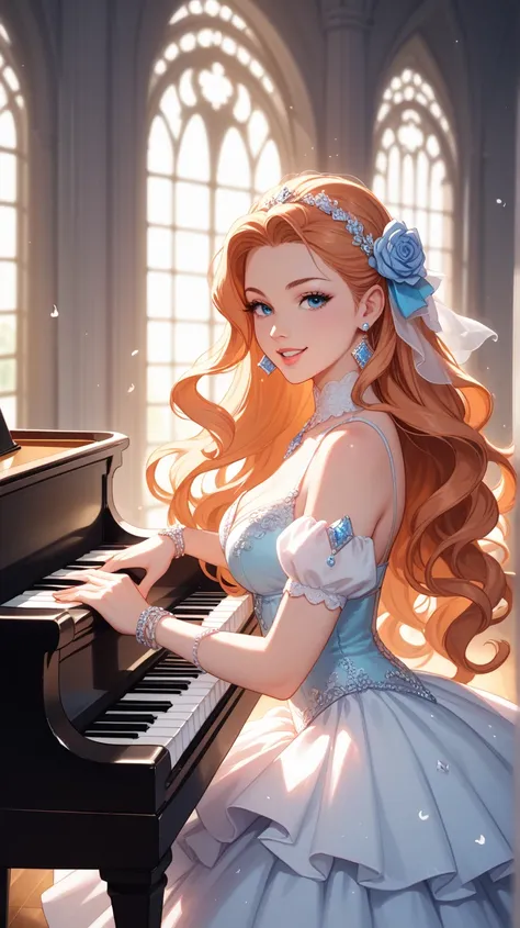 A graceful and elegant female singer-songwriter named Shion Aisaka, with a soft yet confident expression. She has long flowing hair and wears a stylish outfit suited for a stage performance. The background features a warm, dreamy concert setting with soft ...