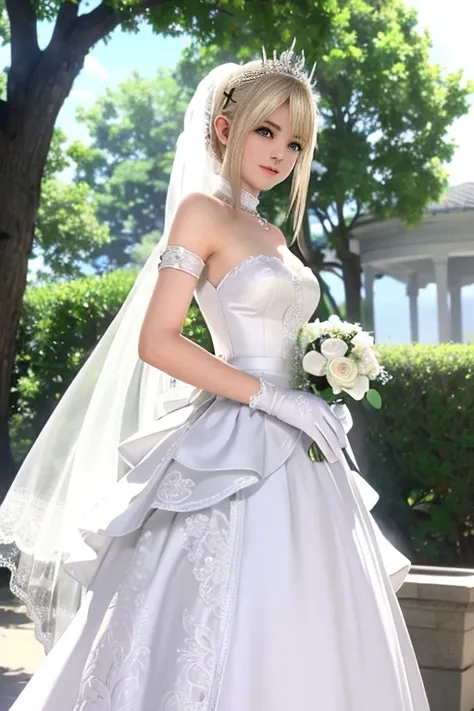 Marie rose, master-piece, best quality, white long wedding dress, long skirt, white wedding stocking, white long wedding gloves, white long wedding veils, wearing wedding rings, look infront, facing front