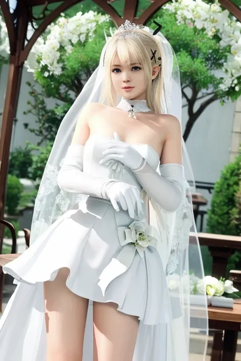 Marie_rose, master-piece, best quality, white long wedding dress, long skirt, white wedding stocking, white long wedding gloves, white long wedding veils, wearing wedding rings, look infront, facing front, big breast
