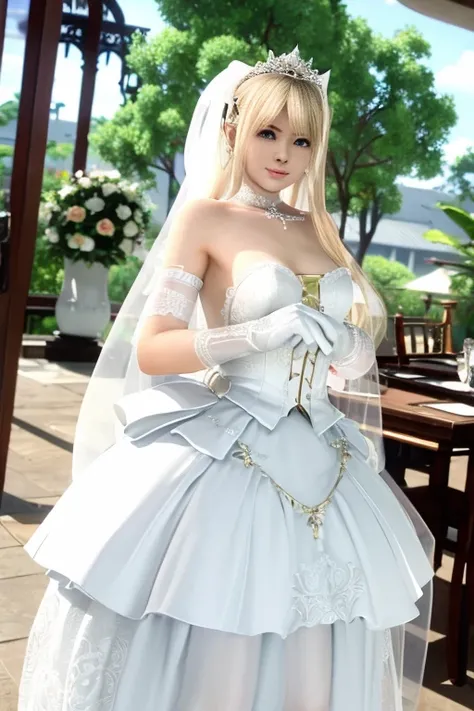 Marie_rose, master-piece, best quality, white long wedding dress, long skirt, white wedding stocking, white long wedding gloves, white long wedding veils, wearing wedding rings, look infront, facing front, big breast
